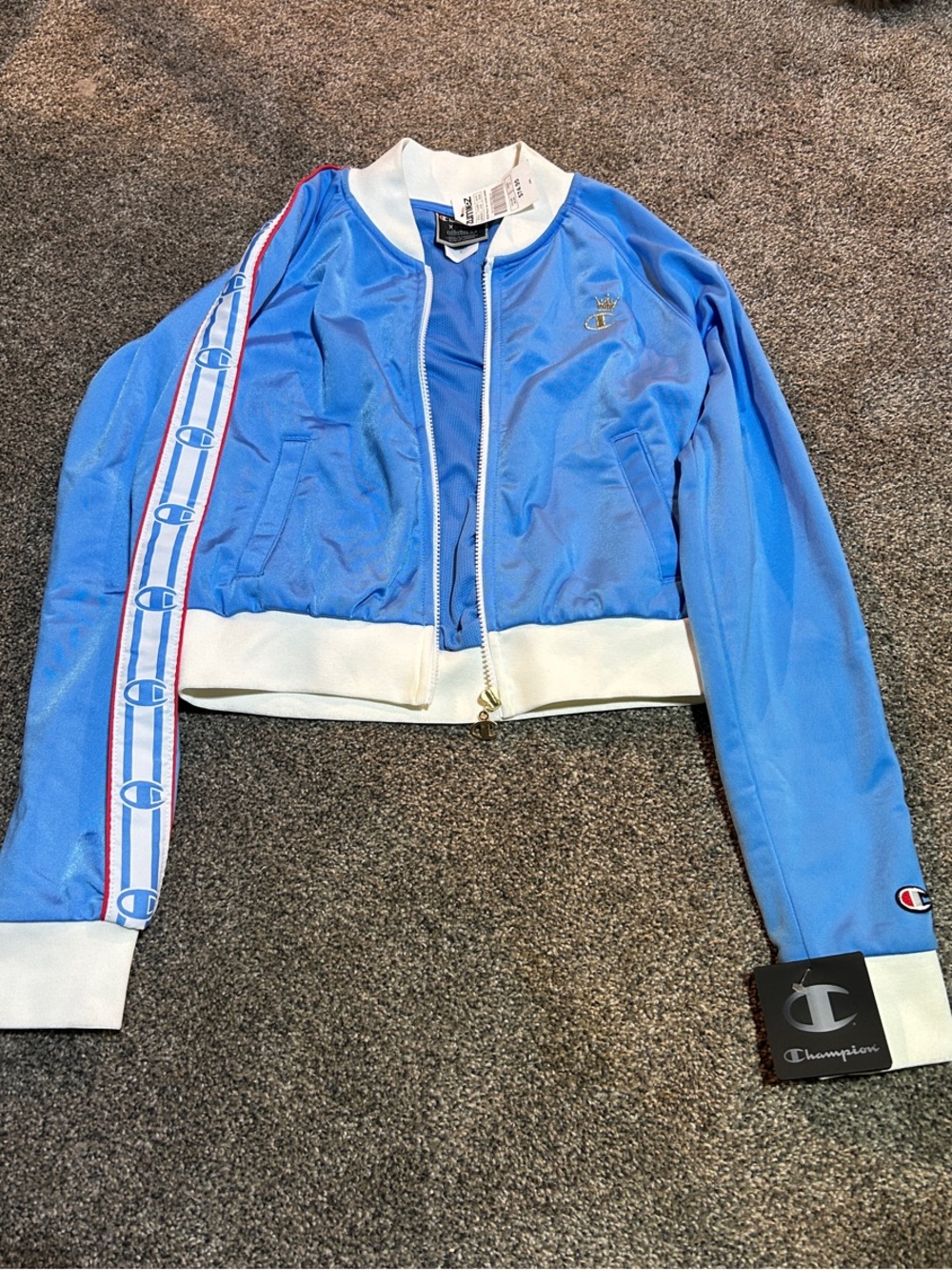 Champion Women's Sky Blue Varsity Jacket with White Trim